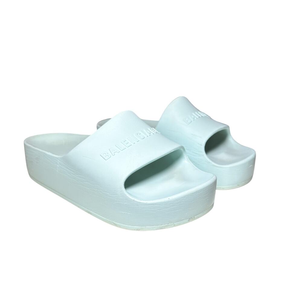 Balenciaga Green Aqua Logo Chunky Beach Rubber Pool Slides Sandals Size 38